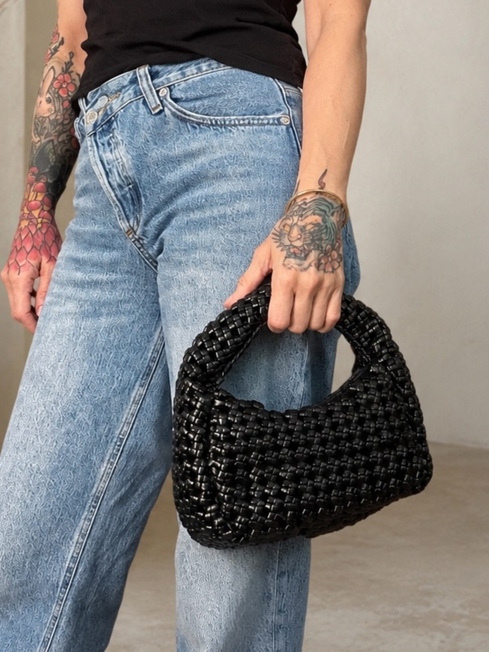 Anthropologie Woven Black Mini Hobo Bag Vegan Leather Fully Lined